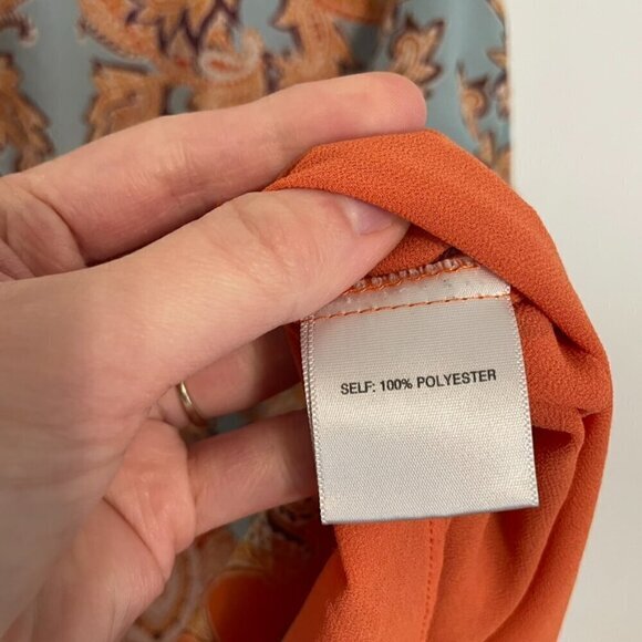 ROSE + OLIVE Orange Blue Paisley Geo Split Back Sleeveless Boho Tank Top Blouse - Picture 7 of 16